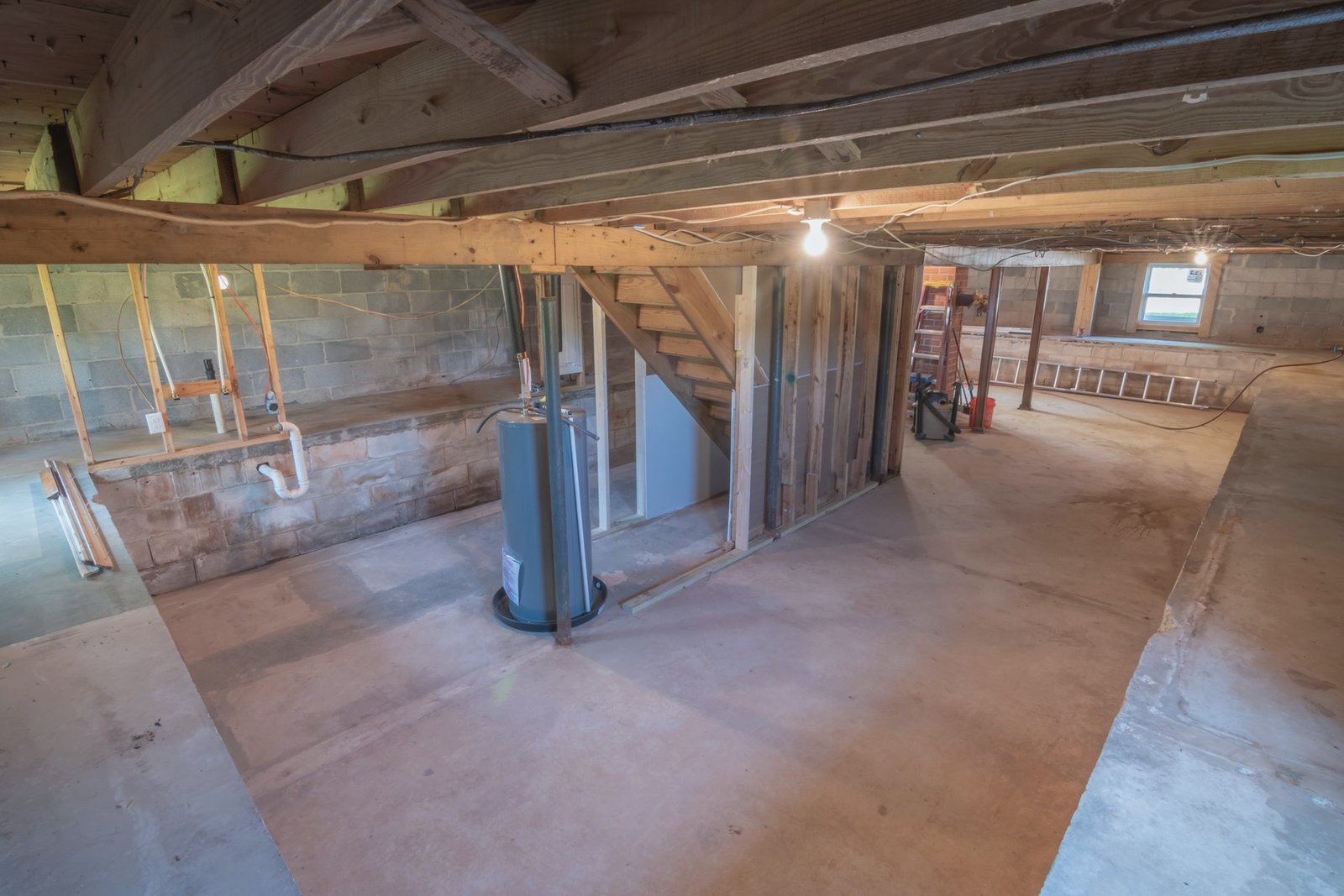 An unfinished basement with block walls and a water heater standing mid-room.